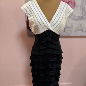 Adrianna Papell White Pleated One-Shoulder Top with Black Tiered Skirt Dress